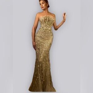 NEW Terani Couture 242GL3248 Tulle Halter Neckline Strapless Long Dress